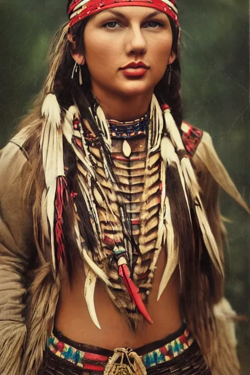 Prompt: Photo of Native American indian woman Taylor Swift, portrait, skilled warrior of the Apache, ancient, realistic, detailed, Taylor Swift