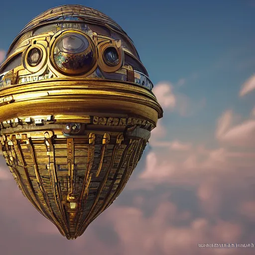 Image similar to enormous flying city in a faberge egg, sky, steampunk, fantasy art, masterpiece, unreal engine