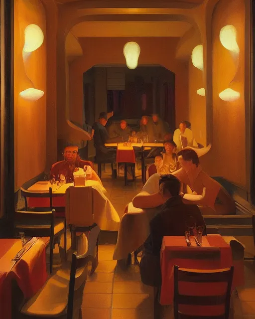 Image similar to restaurant from the 50's painted by George Tooker volumetric lighting, back lighting, rimlight, dramatic lighting, digital painting, highly detailed, artstation, sharp focus, illustration, Artgerm, Jean-Léon Gérôme , ruan jia