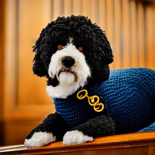 Image similar to a closeup photorealistic photograph of a cute smiling knitted bernedoodle judge dog dressed in a black gown, presiding over the courthouse. indoor image, professional capture, well lit shot. this 4 k hd image is trending on artstation, featured on behance, well - rendered, extra crisp, features intricate detail, epic composition and the style of unreal engine.