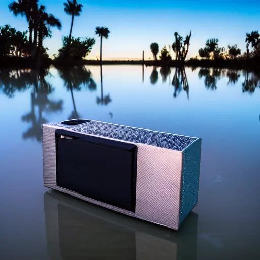 Image similar to 4 k polaroid wide angle photo of a giant stainless steel reflective boombox speaker, half submerged in water, in a desert oasis lake, at dusk, with neon lighting