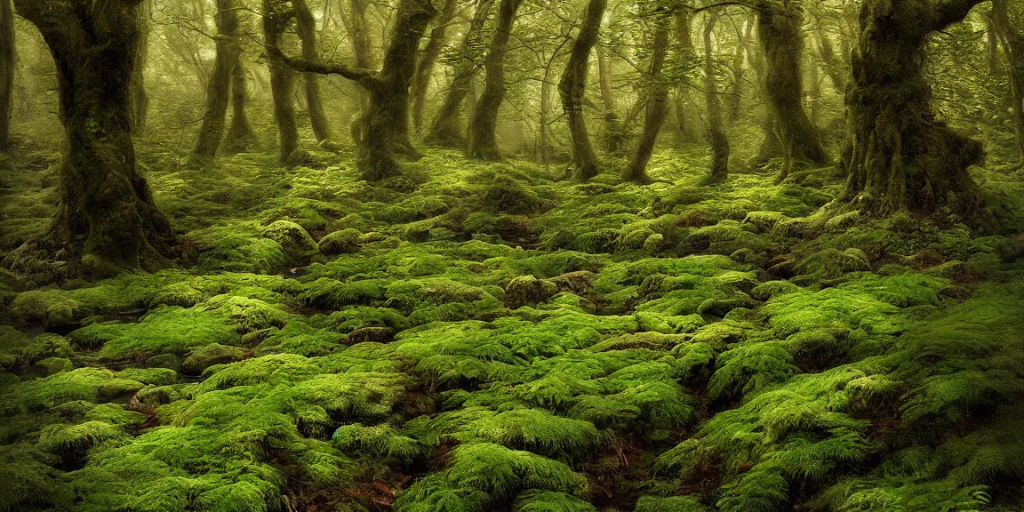 Image similar to Celtic broadleaf forests, sessile oak, mossy and with ferns. A small creek running through the forests in Scotland, small woodland wildflowers. Juniperus communis shrubs. F. Trending on Artstation, deviantart, worth1000. By Greg Rutkowski. National Geographic and iNaturalist HD photographs