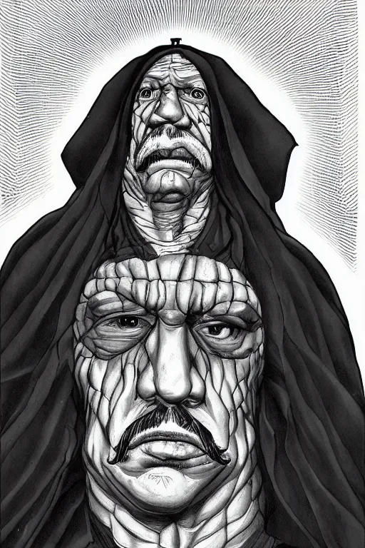 Image similar to portrait of Danny Trejo as church nun, dark fantasy, highly detailed, artstation, manga illustration by Kentaro Miura berserk