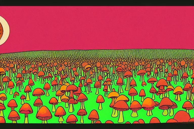 Image similar to a psychedelic illustration of a field of mushrooms, flat colors, limited palette in FANTASTIC PLANET La planète sauvage animation by René Laloux