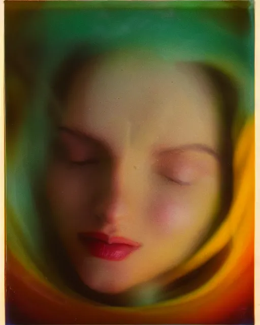 Prompt: oversaturated, burned, light leak, expired film, photo of a woman's serene face submerged in a flowery milkbath, rippling liquid, vintage glow, sun rays, old painting