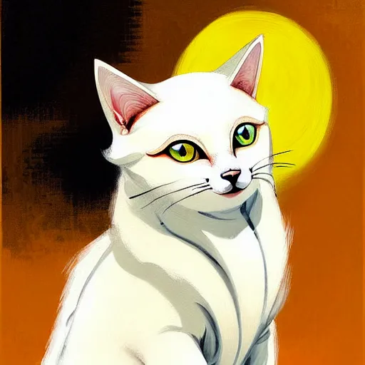 Prompt: painting of a cute white ( okami style ) ( ( kitsune ) ) cat zen master with yellow patterns, plain white background, no people, art by jc leyendecker, phil hale, angular, brush strokes, painterly, crisp, portrait of a cat, cat portrait painting