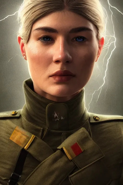 Image similar to ultra realistic facial portrait of beautiful nordic woman wearing a world war 1 uniform, digital art, character portrait, highly detailed, trending on artstation, lens flare, atmosphere, hyper realistic, cinematic lightning, sharp focus, unreal engine 5, extreme details perfect face, pretty face, fine - face, illustration, 8 k, ultra texture, masterpiece