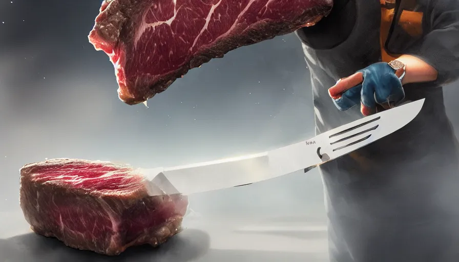 Image similar to homelander cutting a piece of steak with lazers coming from his eyes, hyperdetailed, artstation, cgsociety, 8 k