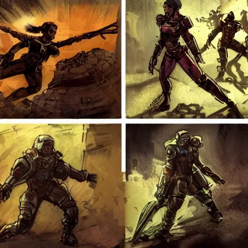 Image similar to fallout 5, concept art drawings of the opening scene, storyboard, concept art, comic style, female protagonist and feline companion, both wearing some kind of body armour, atmospheric lighting, painted, intricate, volumetric lighting, beautiful, gritty, rich deep colours masterpiece, sharp focus, ultra detailed by jack kirby, ignacio fernandez rios, thierry doizon