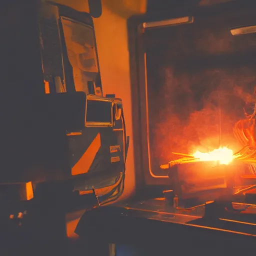 Image similar to cyborg with toaster oven chest, dark messy smoke - filled cluttered workshop, dark, dramatic lighting, orange tint, sparks, cinematic, highly detailed, sci - fi, futuristic, movie still