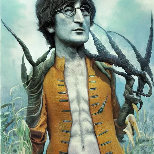 Prompt: full body shot of john lennon as beetle master, full - body art, fantasy art, dnd, john lennon, very very very beautiful fantasy art, bright colors, final fantasy, unreal engine 5, graceful, elegant, trending on artstation, intricate details, studio ghibli, matte painting, organic painting, bold shapes, street art, greg rutkowski, gaston bussiere