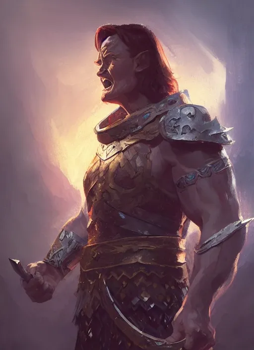 Prompt: illustration of conan o'brien as a dnd paladin with short blonde hair and big muscles, casting a protection spell, by greg rutkowski artstation