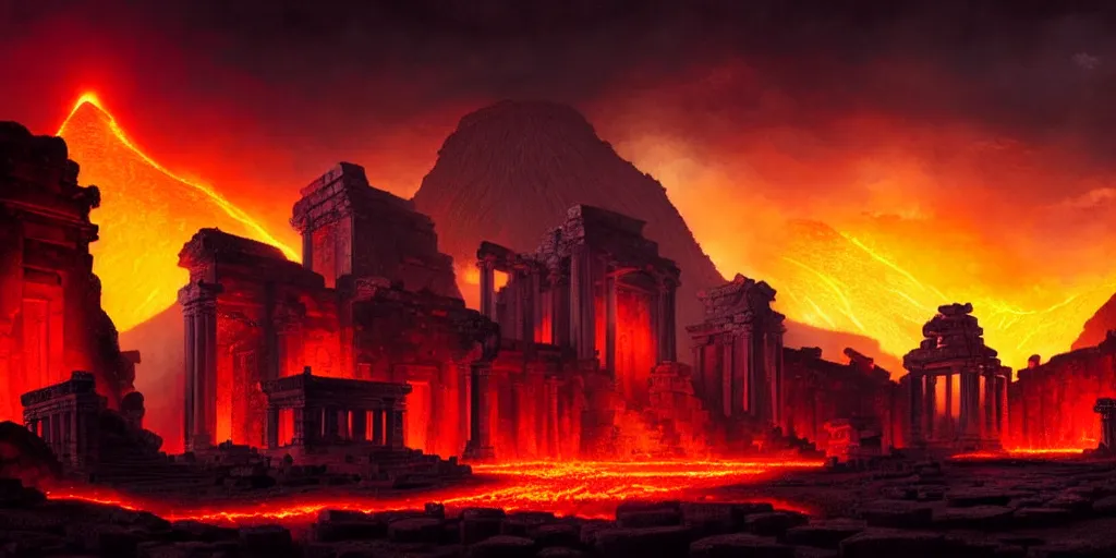 Image similar to ancient god temple at night ruins of ancient civilization, surrounded by glowing lava, volcanoes in the background, ultra high definition, ultra detailed, symmetry, sci - fi, dark fantasy, by greg rutkowski and ross tran