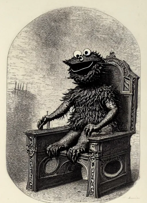 Image similar to cookie monster sitting on a throne, demon from the dictionarre infernal, etching by louis le breton, 1 8 6 9, 1 2 0 0 dpi scan, ultrasharp detail, clean scan