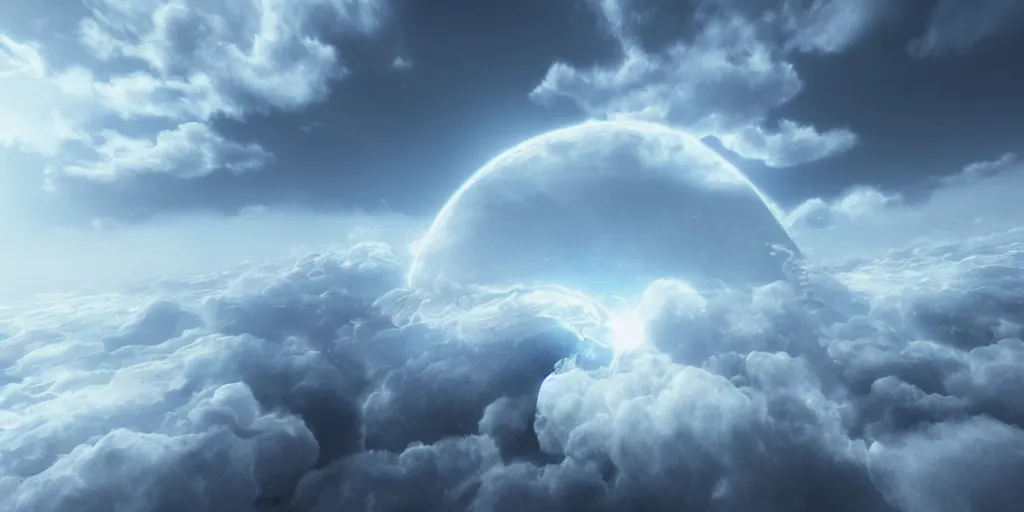 Image similar to glowing atom amongst clouds, volumetric, digital art, art station, extremely detailed