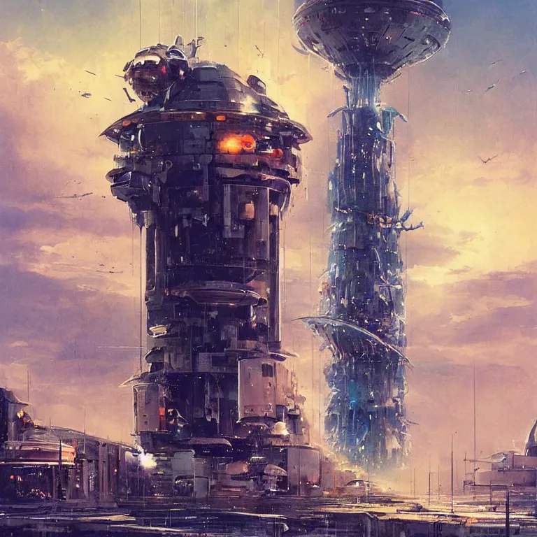 Image similar to “a giant spaceship crashing into a large futuristic water tower, sci-fi concept art, by John Harris, by John Berkey, hyper realistic painting”