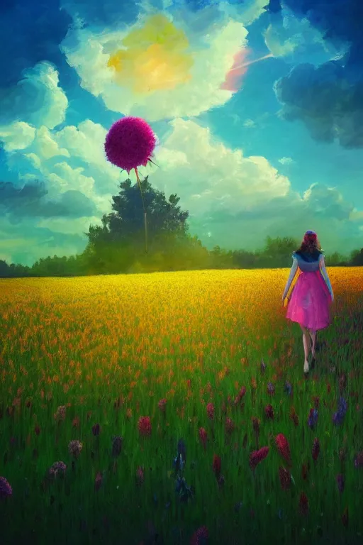 Image similar to giant flower head, girl walking in a flower field, surreal photography, sunrise, dramatic light, impressionist painting, colorful clouds, digital painting, artstation, simon stalenhag