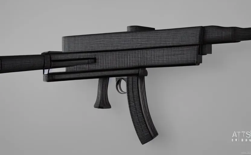 Prompt: minimalist submachine gun, on a white table, studio lighting, 3d render, octane render, photorealistic, highly detailed, intricate detail, trending on artstation