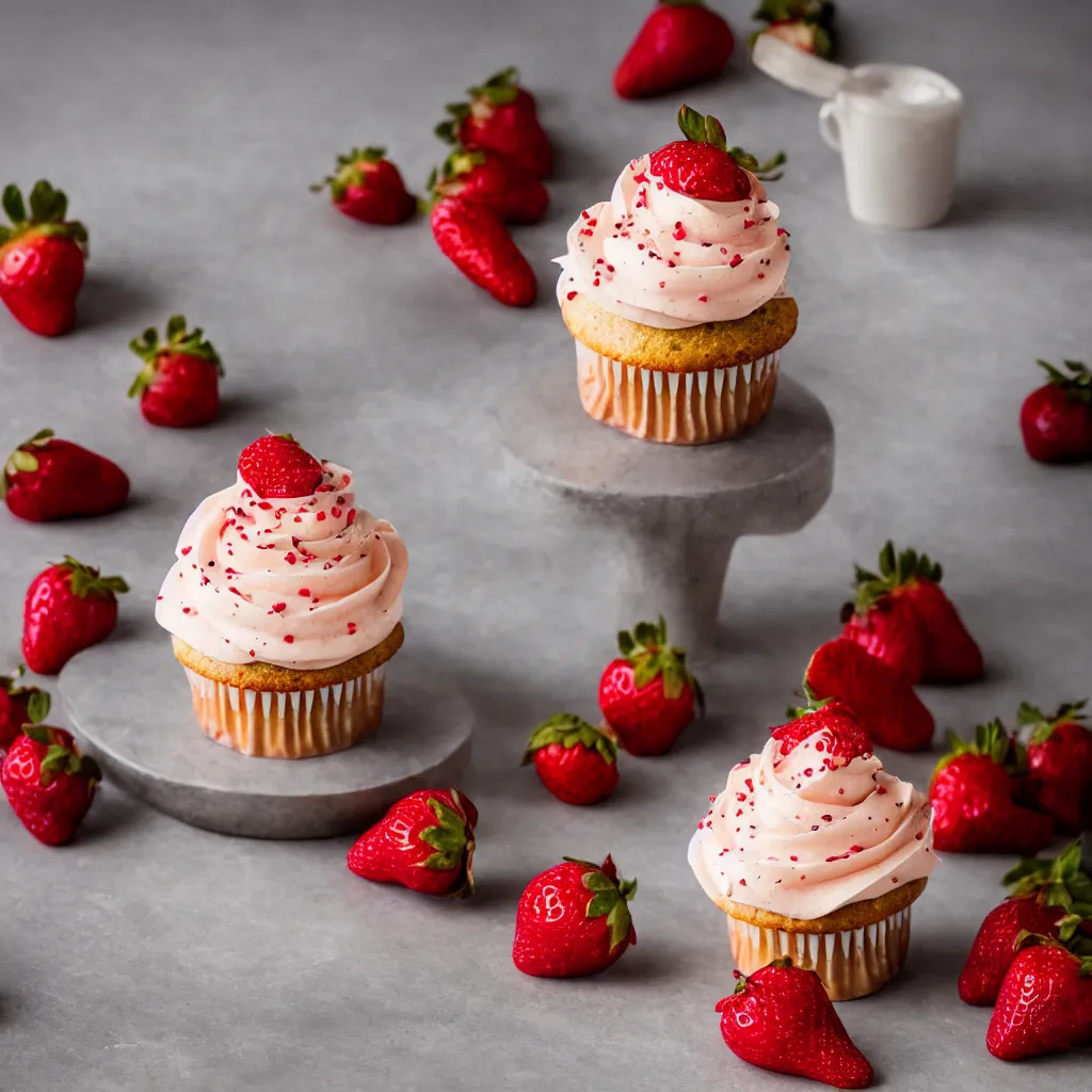 Image similar to strawberry cupcake, dynamic lighting, bokeh, carl zeiss 8 5 mm vintage lens, hyper realistic, award winning food photography