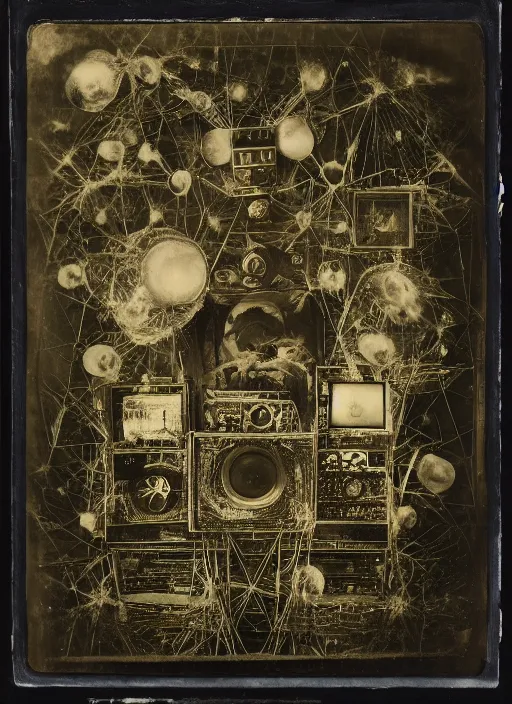 Prompt: old wetplate daguerreotype, portrait of god is a dj, explosion of data fragments, fractal, intricate, elegant, highly detailed, parallax, leica, medium format, subsurface scattering, by jheronimus bosch and greg rutkowski and louis jacques mande daguerre