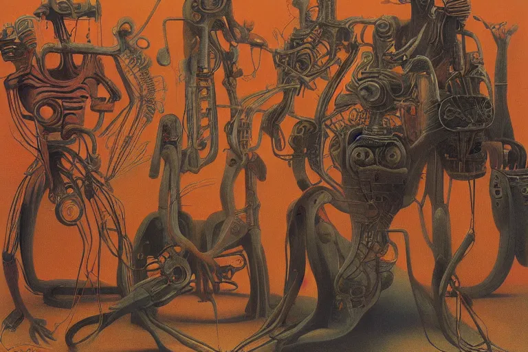 Prompt: A painting of half mechanical Disney characters by Zdzisław Beksiński