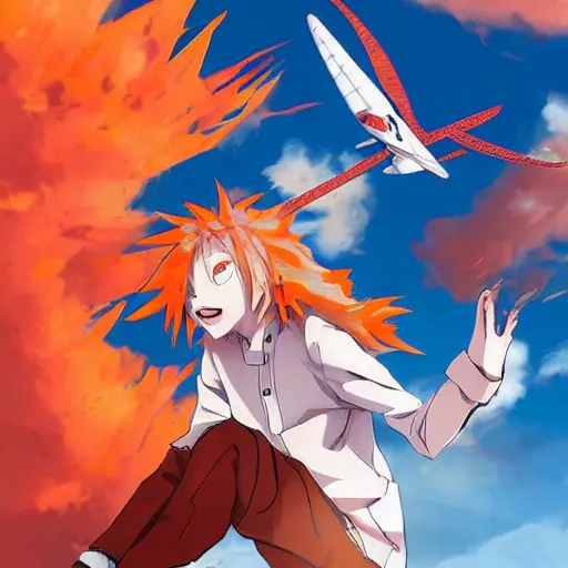 Image similar to orange - haired anime boy, 1 7 - year - old anime boy with wild spiky hair, wearing red jacket, flying through sky, ultra - high jump, late evening, blue hour, cirrus clouds, pearly sky, ultra - realistic, sharp details, subsurface scattering, blue sunshine, intricate details, hd anime, 2 0 1 9 anime