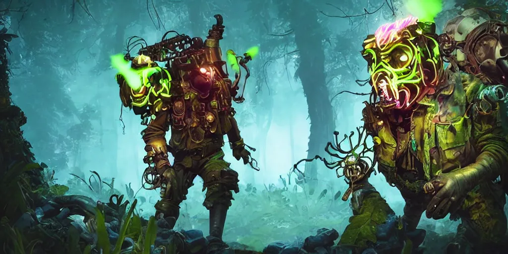 Image similar to gamekeeper hunting for mystical forest monster and wearing a steampunk and neonpunk mechanical fluorescent mystical animal mask realism in style of fornite game. bio luminescent, plasma, ice, water, wind, creature, artwork by tooth wu and wlop and beeple and greg rutkowski, epic cinematic shot, perfectly defined features, ambient occlusion