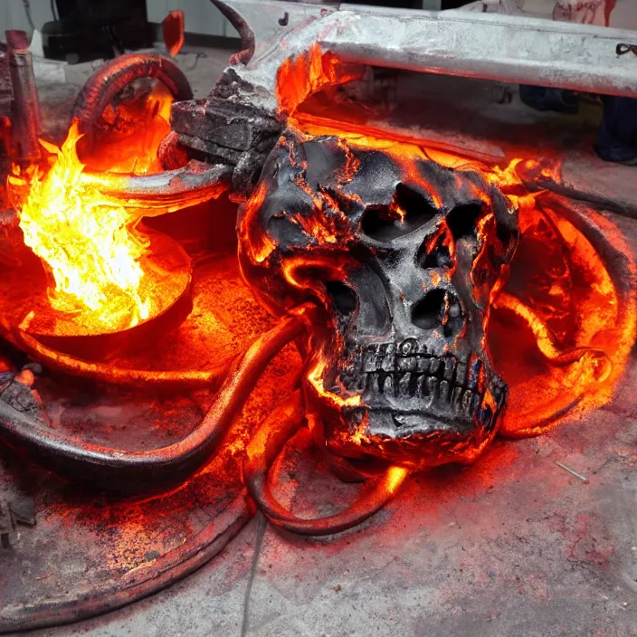 Prompt: wide angle shot of glowing flowing molten iron being poured into a mold in the shape of a punisher skull emblem. background is firey foundry. detailed, high art, intricate, artisan