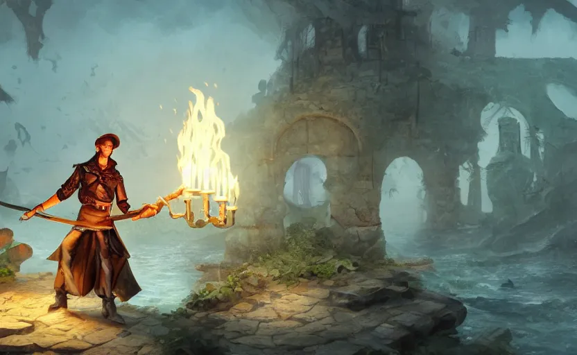 Prompt: concept art of a swashbuckler holding a candle holder discovering a sunken ruins, wearing a cape, grand ship, highly detailed, digital art, illustration, artstation, very detailed, 4 k