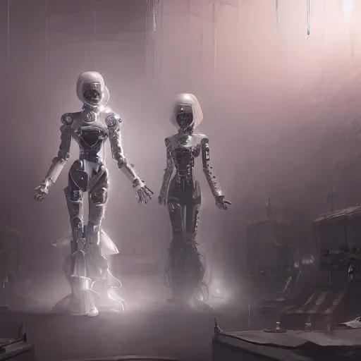 Image similar to female white robots with heart organ, dressed in iwhite ntricate gothic futuristic veils and jewels, epic environment, matte painting, diffused lighting, highly detailed, cinematic, epic atmosphere, digital art, trending on artstation, wide angle