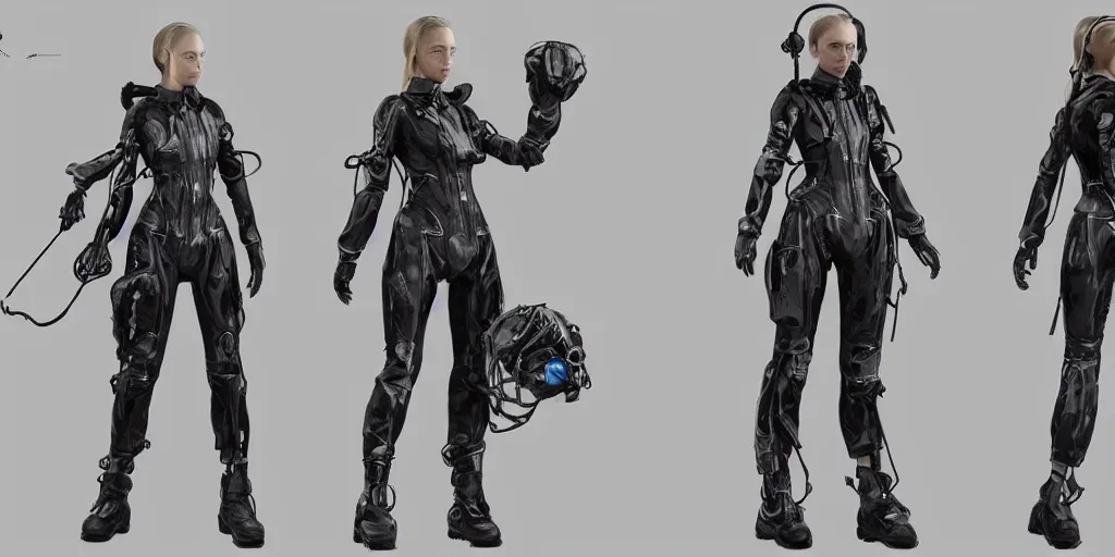 Image similar to front and back character view of a woman in scientist's jacket with a system of straps and pouches for collecting material by Donato Giancola and Tetsuya Nomura, trending on artstation and pixiv clean sci-fi concept art and sheet that using unreal engine 5 render and hyper detailed 3D texture with cinematic software light