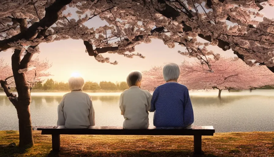 Image similar to back view of an old japanese couple watching sunset while sitting on the bench, cherry blossoms, lake, forest, village, hayao miyazaki, hyperdetailed, artstation, cgsociety, 8 k