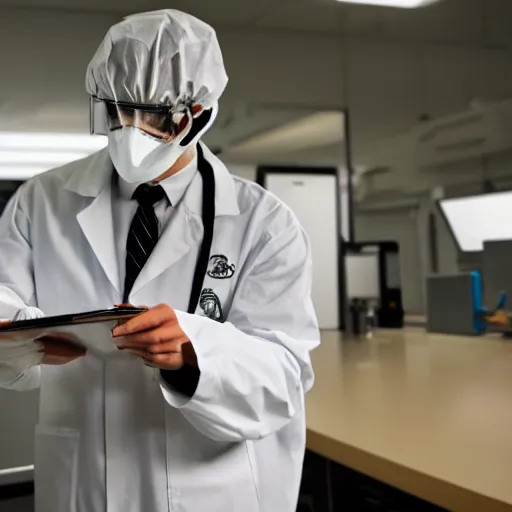 Image similar to mothman, wearing a labcoat, in a lab, writing on a clipboard