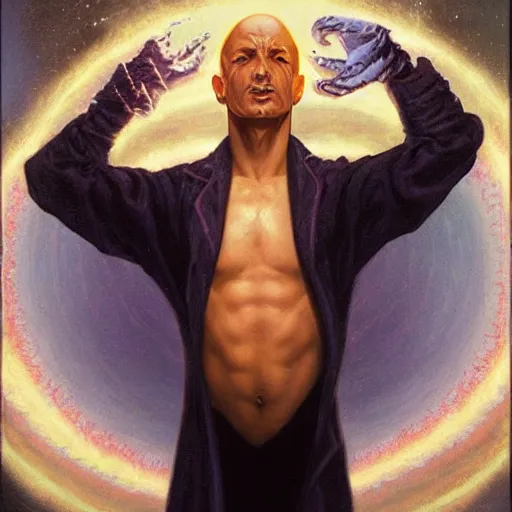 Image similar to a powerful psychic man emitting psychic powers, by gerald brom,