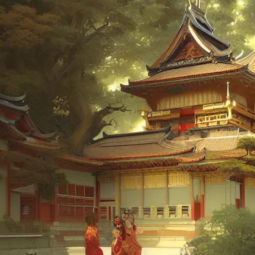 Prompt: painting of a yokai temple, intricate, elegant, highly detailed, digital painting, artstation, concept art, smooth, sharp focus, illustration, art by artgerm and greg rutkowski and alphonse mucha and william - adolphe bouguereau