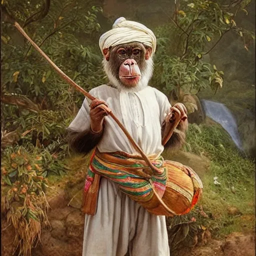 Image similar to beautiful painting by sophie anderson of a chimpanzee wearing traditional men kurdish clothes baggy pants and white shirt with a large sash tied around the waist in a kurdish village, award winning art, insanely detailed, bright colors, global illumination, cute, young, stunning