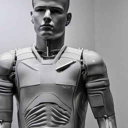 Image similar to “ a realistic detailed photo of a guy who is an attractive humanoid who is half robot and half humanoid, who is a male android, football player christian mccaffrey, shiny skin, posing like a statue, blank stare, at the museum, on display ”