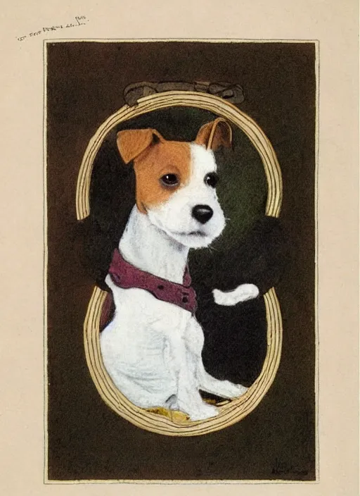 Image similar to portrait of jack russel terrier, illustrated by peggy fortnum and beatrix potter and sir john tenniel