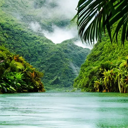 Prompt: a fjord in a tropical jungle.