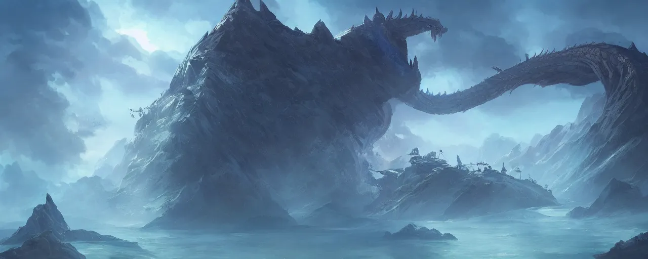 Prompt: The shimmering blue dragon lays upon the peak of the mountain, in the middle of the oceanic beach landscape, very detailed concept art, matte painting, digital art, concept art, realistic beautiful, trending on Artstation, Greg Rutkowski,
