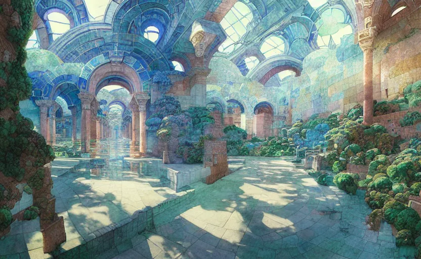 Image similar to tiled room squared waterway, aqueducts, fantasy. intricate, amazing composition, colorful watercolor, by ruan jia, by maxfield parrish, by marc simonetti, by hikari shimoda, by robert hubert, by zhang kechun, illustration, gloomy