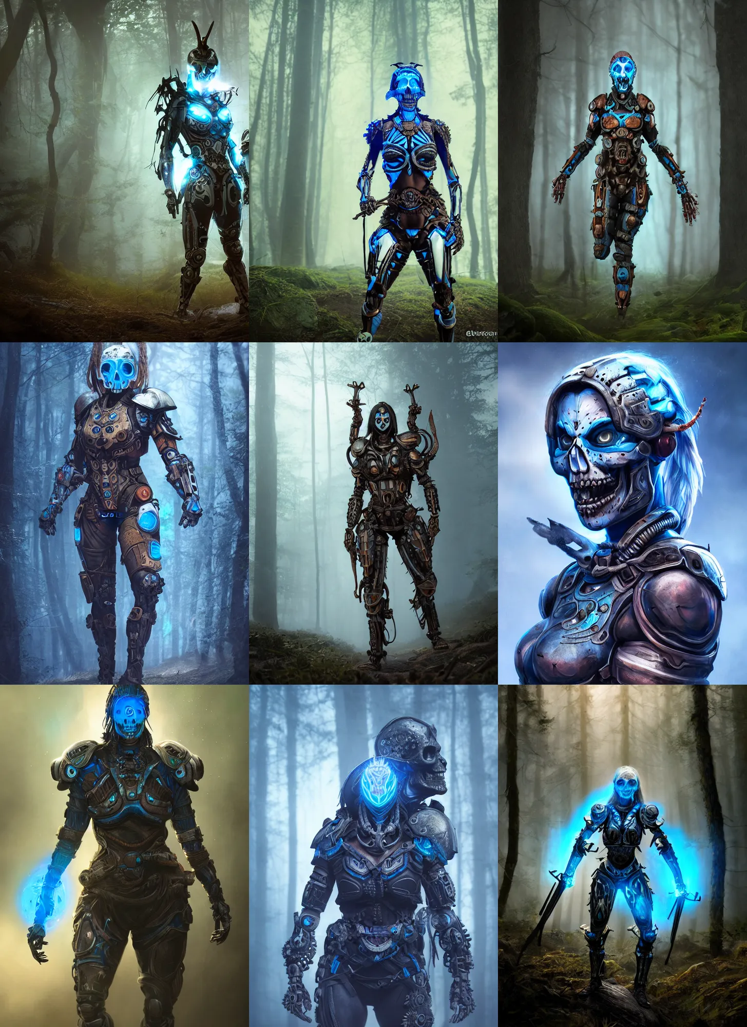 Prompt: skull faced muscular female warrior with glowing blue eyes wearing biomechanical armor, apex legends, forest plains of yorkshire, misty forest, mcu, concept art, good value control, digital painting, sharp focus, rule of thirds, 4k, centered, magic hour photography, atmospheric, moody colors