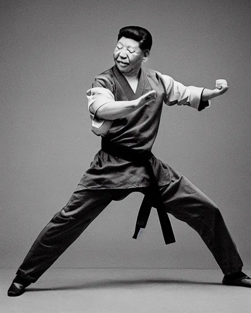 Image similar to Xi Jinping practicing karate at the Shaolin temple, photorealistic, studio lighting, photographed in the style of Annie Leibovitz