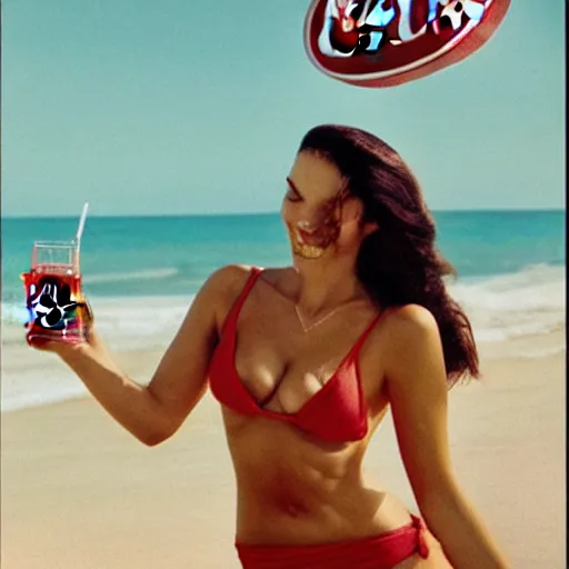 Image similar to advertisement photo of beautiful young model woman in a red bikini drinking a Coca-Cola at a beach party. By Lindsay Adler Coca-Cola ad