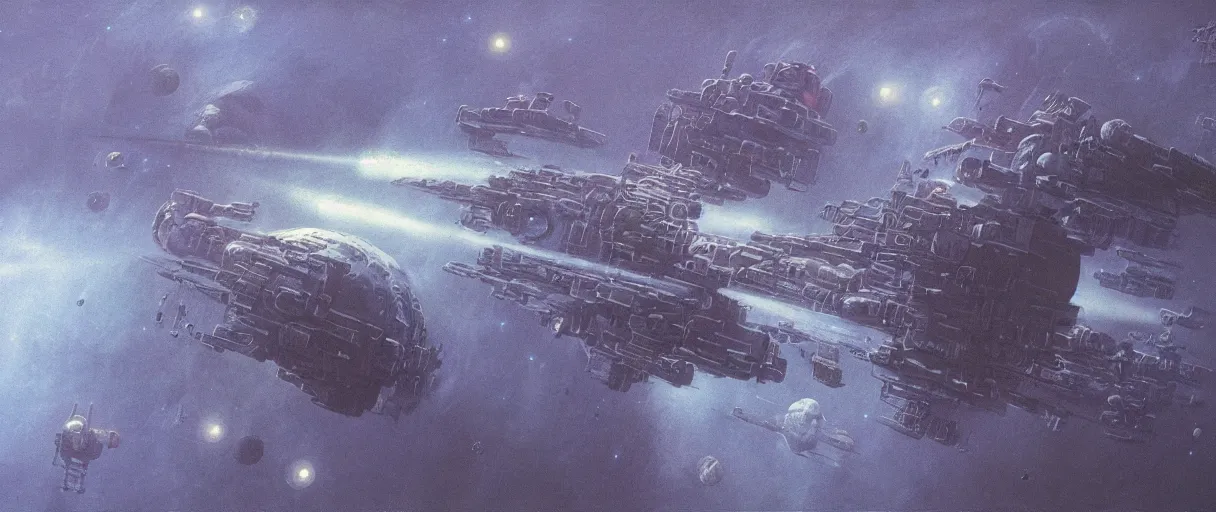 Image similar to concept art, a single spaceship, a ship drifting, deep space exploration, the expanse tv series, industrial design, dynamic angle, motion, spatial phenomena, cinematic lighting, 4k, greebles, widescreen, wide angle, beksinski, sharp and blocky shapes