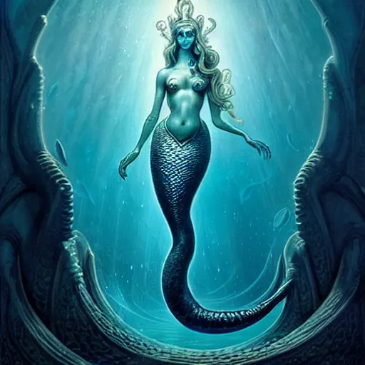 Image similar to character portrait of a graceful beautiful mermaid looking at the sunken city of Atlantis deep under water, stunning undersea intricate detailed grand architecture in the style of Joe Fenton, art style by Greg Rutkowski and Mohrbacher and Gerald Brom and H. R. Giger, deep underwater scene, dark and moody, rays of sunlight, faint volumetric god rays, grim crushing atmosphere, trending on artstation, masterpiece, claustrophobic, dizzy, sharp focus, 8k octane beautifully detailed render, post-processing, extremely hyperdetailed, intricate, epic composition, grim yet sparkling atmosphere, cinematic lighting + masterpiece, trending on artstation, very detailed, Art Nouveau