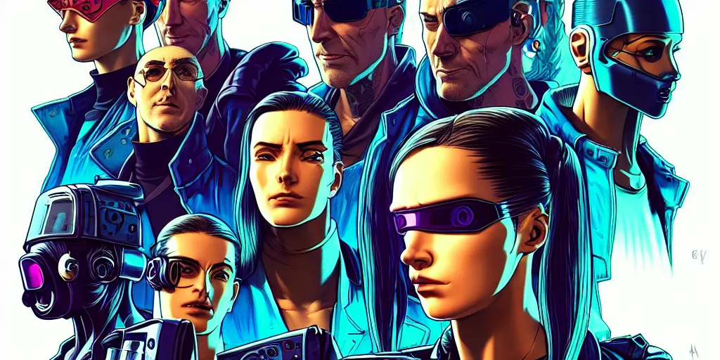 Image similar to cyberpunk hacker crew. portrait by stonehouse and mœbius and will eisner and gil elvgren and pixar. character design. realistic proportions. dystopian. cyberpunk 2 0 7 7 character art, blade runner 2 0 4 9 concept art. cel shading. attractive face. thick lines. hi def 4 k. the team. detailed interesting characters. realistic faces.