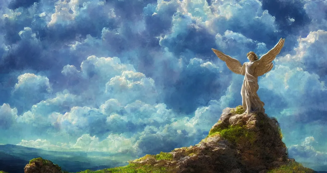 Prompt: angelic statue on a cliff in the cumulus clouds made of bluish green crystal, vibrant colors, Vija Celmins, wide angle, volumetric light god rays, concept art, dramatic brushstrokes
