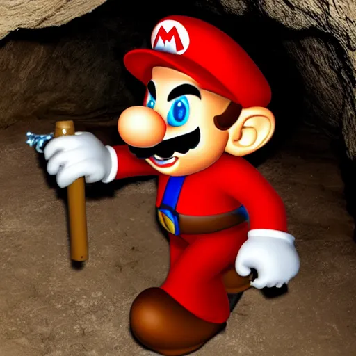 Prompt: an humanoid rat with a mask of mario in a cave