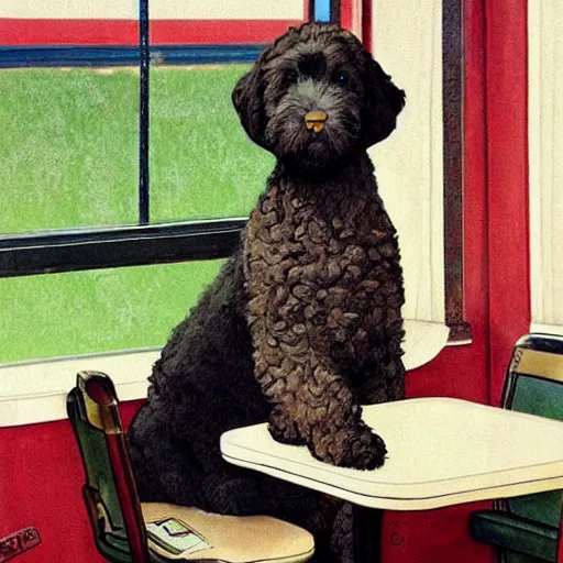 Image similar to Black Goldendoodle with a bright face and a puppy sitting at a diner drinking a cup of coffee, looking melancholy, Norman Rockwell style